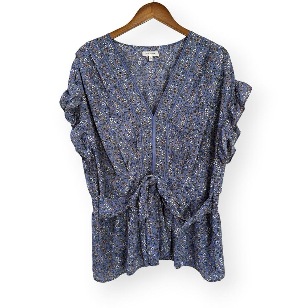 Max Studio Blue Floral Tie-Waist Blouse 1X Smocked Flutter Sleeve Cottagecore